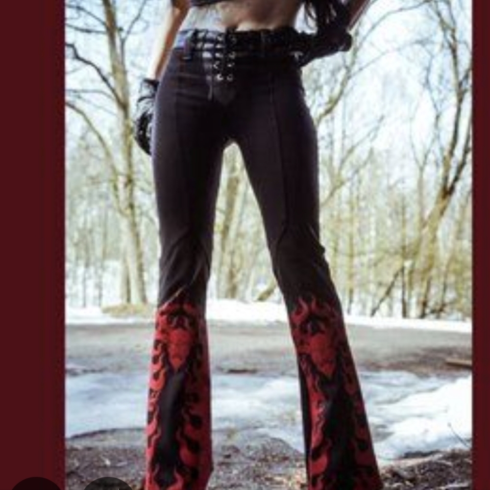 New Toxic Vision Designer Devil Screen Printed Tie Front Pants With Measurements - Picture 2 of 15